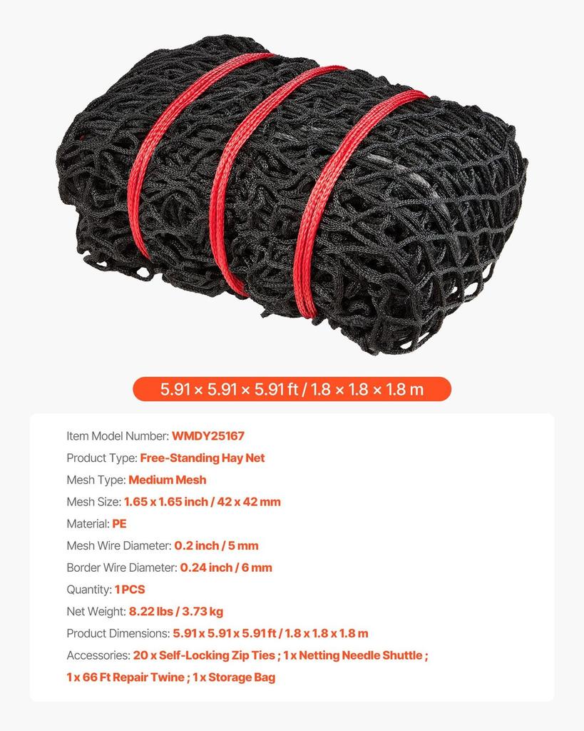 Round Bale Hay Net, 1.8 X 1.8 X 1.8 M, 42 X 42 Mm Holes, PE Material, Knotless Design, with Zip Ties, Needle Shuttle, Repair Twine and Storage Bag,