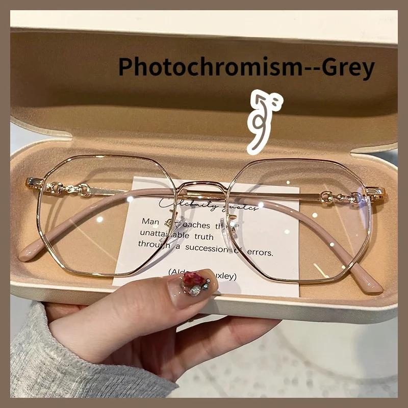 0~-400 Myopia Glasses  Photochromic Blue Light Resistant Glasses Girls' Large Frame Anti Fatigue Myopia Finished Product