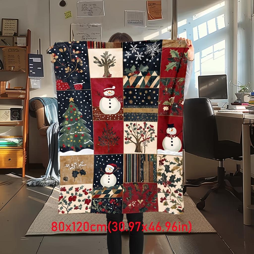 Vintage Snowman Christmas Quilt - Red Festive Polyester Throw, Soft Holiday Decor & Gift for Family, Cozy Bed/Sofa Blanket