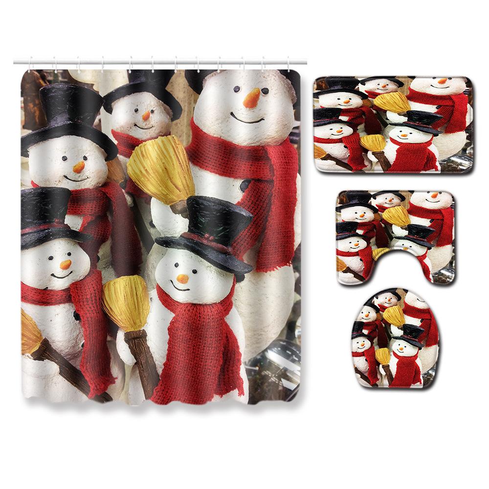 Christmas Shower Curtain Floor Mat Combination Four-Piece Set Bathroom Toilet Carpet Shower Room Mat Foot Mat