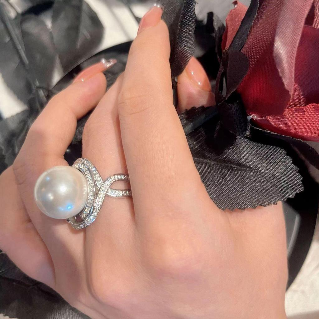 Natural Baroque Pearl Full Diamond Bow Open Ring for Women - High-End Fashion Bestseller