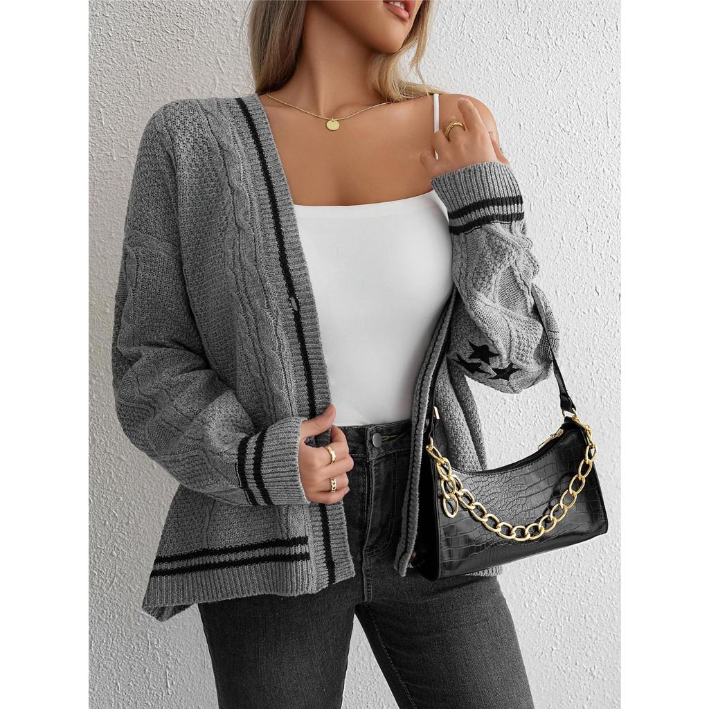 Autumn Winter Loose Knitted Cardigans Coat Women Star Embroidery Sweaters Streetwear Vintage Casual Single Breasted Long Sleeve Top
