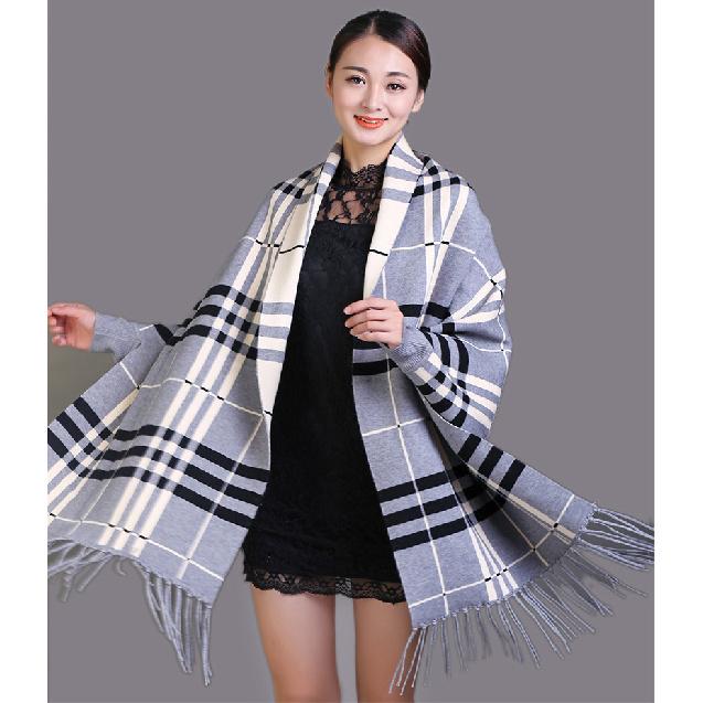 Winter Scarf, Knitted Shawl, Dual-use Multifunctional Plaid Coat for Women, Thickened with Tassels and Sleeves, Cheongsam Cape