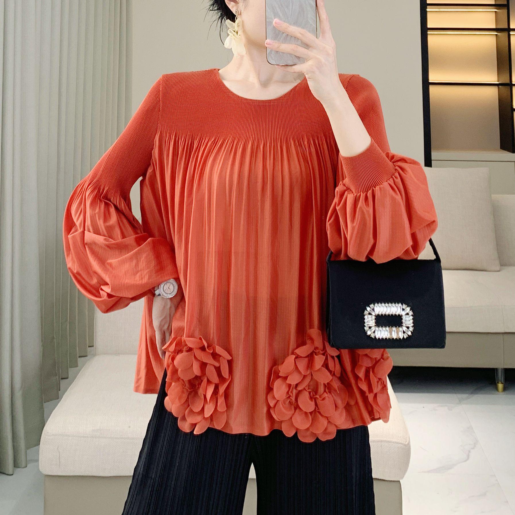 

Весна и осень 2025 года, приталенная блузка больших размеров с плиссировкой и 3D цветочным дизайном для женщин One Size [45-75 kg] оранжевый