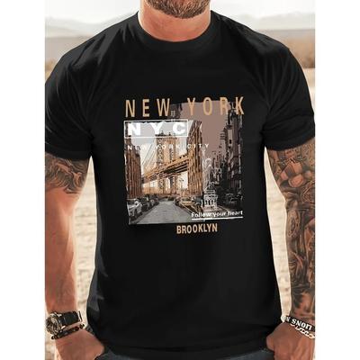 Men's 100% Cotton Summer Loose Fitting Casual New York Print Round Neck Short Sleeved T-shirt Top O-neck Pactwork Casual T Shirt