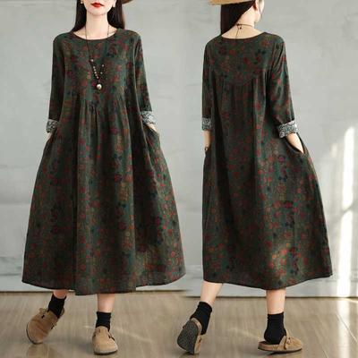 Retro Cotton and Linen Printed Round Neck Long Sleeved Dress for Women