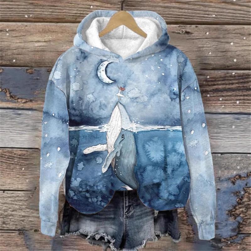Womens Casual Hooded Sweatshirt With 3D Printed Graphic Long Sleeve Loose Fit Pullover