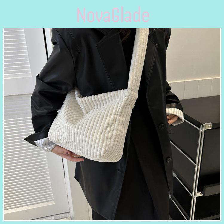 Trendy Corduroy Shoulder Bag Large Capacity Stylish Commuter Tote Bag For Daily Use