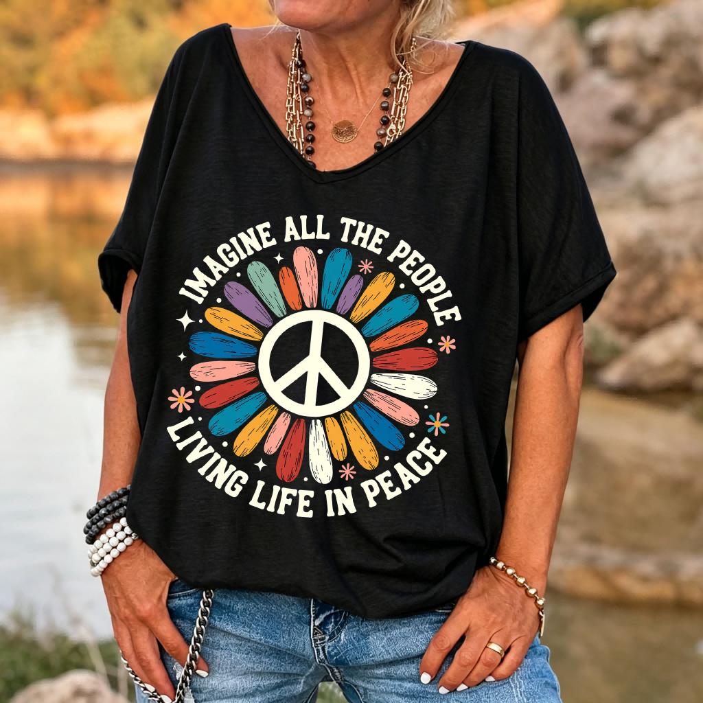 Ilstile Women's Imagine All The People Peace Sign T-Shirt Retro Hippie Flower Print V-Neck Loose Fit Casual Summer Top