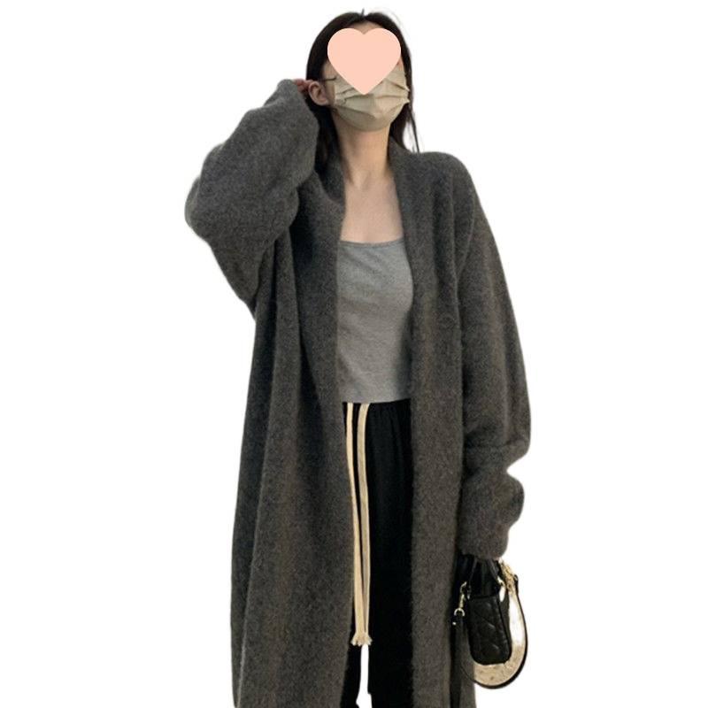 Women's Gray Oversized Knit Sweater Coat: Mid-Length, Over-the-Knee, Autumn/Winter, Thickened Lazy Style.