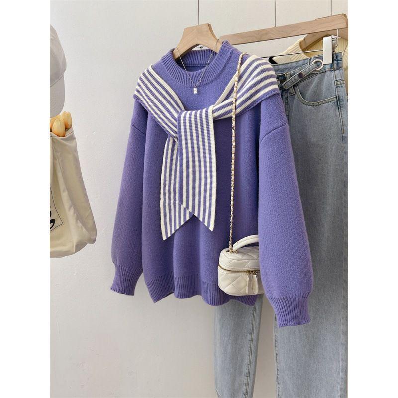 Stylish Women's Purple Striped Shawl Sweater - Plus Size Knitted Fake Two-Piece, Winter 2025