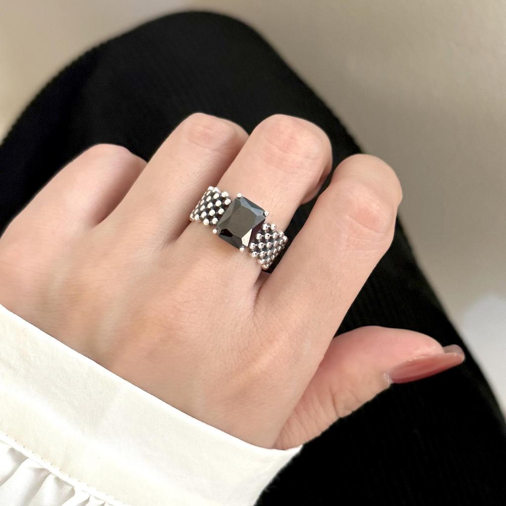 Niche Ins Commuter Personality S925 Sterling Silver Round Beads Square Large Open-End Zircon Ring Female Ring