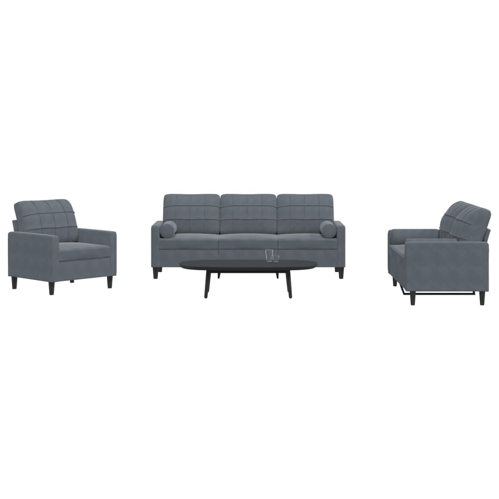 3 Piece Sofa Set with Cushions and Neck Rolls Dark Grey Velvet