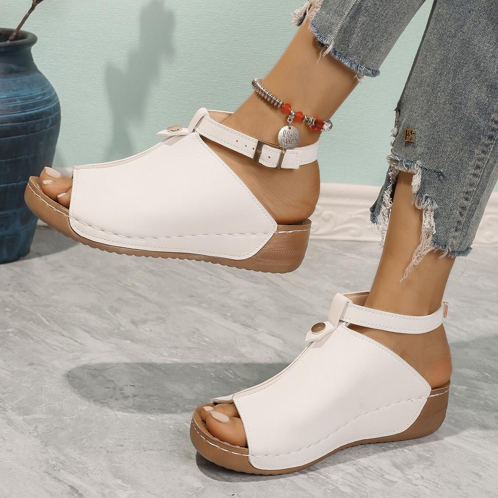 European and American Summer New European and American Fashion Fish Mouth Thick-soled Wedge Sandals Large Size One-word Buckle Strap Flat Sandals