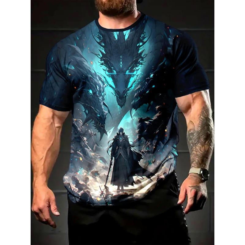 Men's 3D Black Dragon Hero Print T-Shirt Polyester Summer Round Neck Daily Leisure Wear