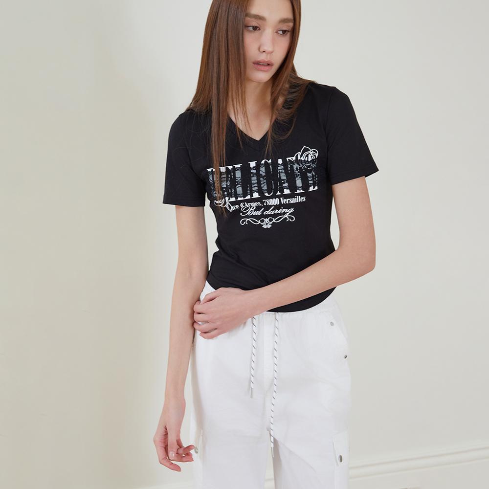 Egoiseuteu [Blue Label] V-Neck Lace Patch Short Sleeve T-Shirt Es2Oth04