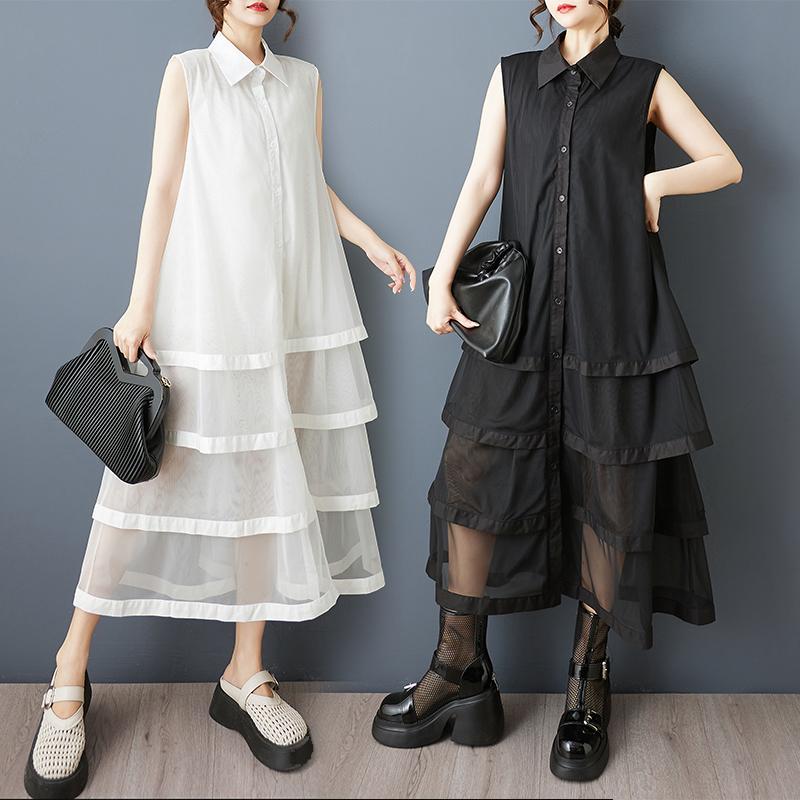 DIMANAF New 2025 Plus Size Summer Dress Women Lace Vintage Casual Buttons Sleeveless Loose Dress Maxi