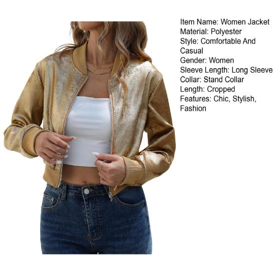 Veste de baseball universitaire métallique pour femme Zippée Manches longues Manteau court Vêtement d'extérieur décontracté Automne Hiver