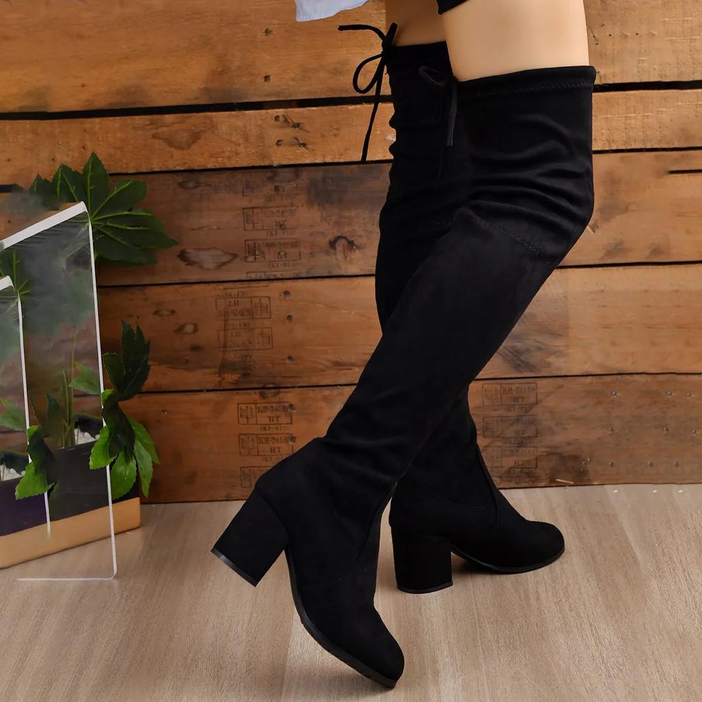 Women Boots Winter Black Over The Knee Boots  New Comfort High Heels Shoes Fashion Warm Lace Up Long Tube Square Heel Boots