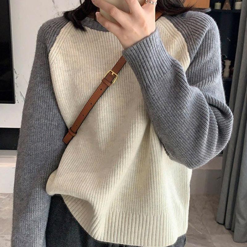 Round Neck Contrasting Color Knitted Sweater New Design Sense Autumn Winter Casual Long Sleeved Set Base Women's Top