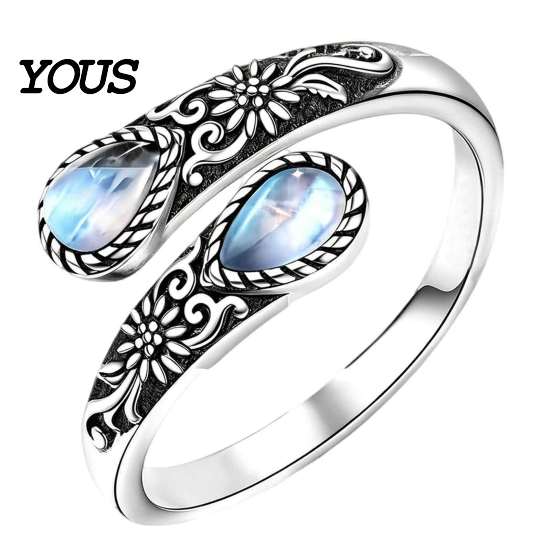 Vintage Finger Ring Faux Moonstone Ring, Waterdrop Fake Gemstone Adjustable Open Stone Healing Band Jewelry for Couple, Women