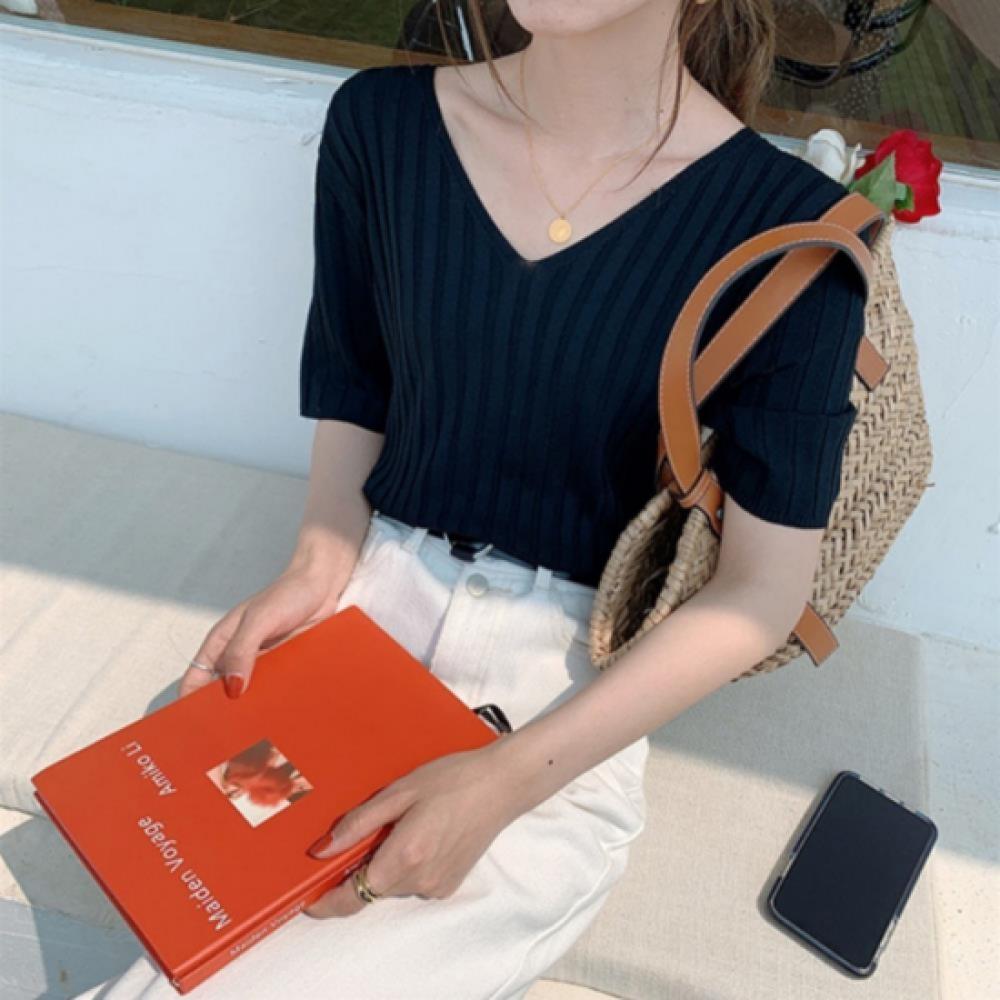 New ArriVals Open Run Women V Neck Cooling Short sleeVe Knit Vertical Stripe