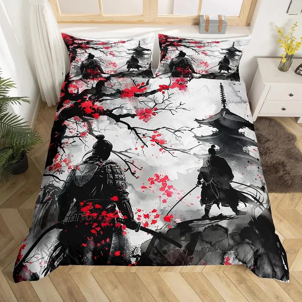 Japanese Samurai Full Size Bedding Set Cherry Blossoms Red Sun Hokusai Duvet Cover Fuji Mountain Quilt Comforter Cover
