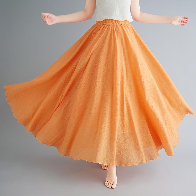 Long A-line Skirt In Cotton and Linen with Elastic Waist In Pure Color for Summer and Autumn