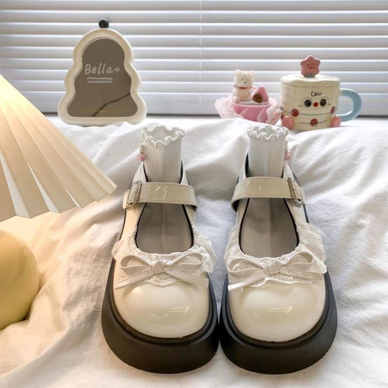 Cute Round Head Buckle Small Leather Shoes New Bow JK Leather Shoes Student Platform Women
