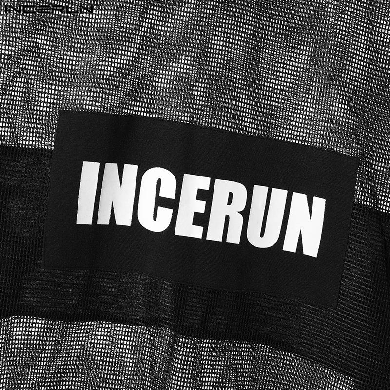 INCERUN Men O Neck Short Sleeve Letter Print Fishnet Mesh Sheer T-Shirts Tops