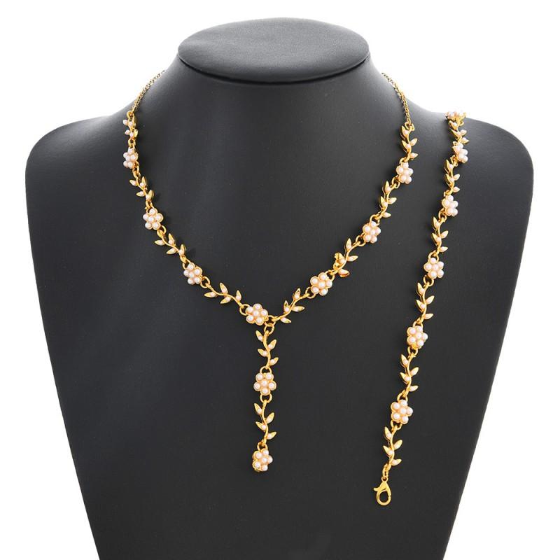 Elegant Gold Floral Pearl Necklace Bracelet Set Bridal Wedding Outfit Vintage Chic Jewelry Accessories