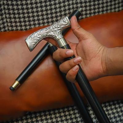 Baston de mers cu mâner argintiu gravat de 93,98 cm, baston de sprijin din lemn negru, ajutor de mers elegant lucrat manual, baston formal pentru domni