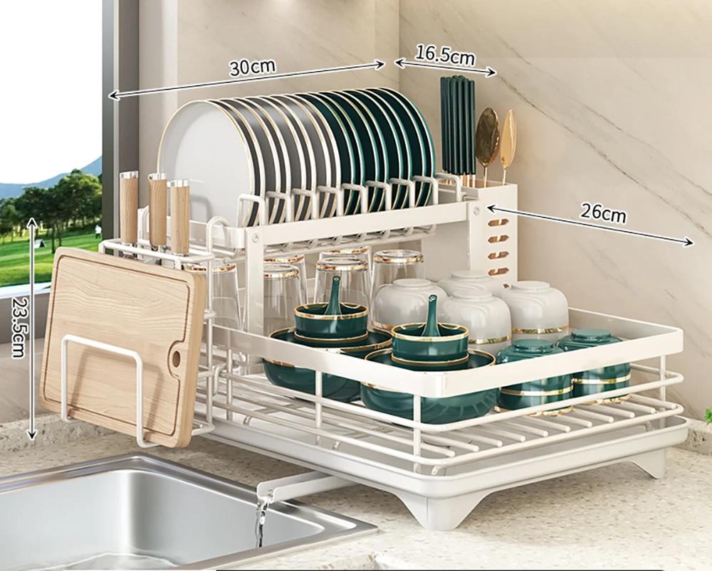 2 Tier Dish Drying Rack, Large Capacity Dish Rack With Draining Board, Double Layer Detachable Dish Storage Organizer For Dishes