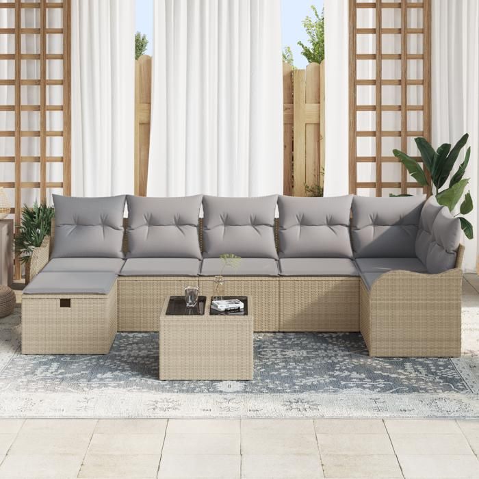Ensemble de canapé de jardin 8 pièces avec coussins beige poly rotin vidaXL, Canapé de jardin 2 places avec coussins beige 3359009