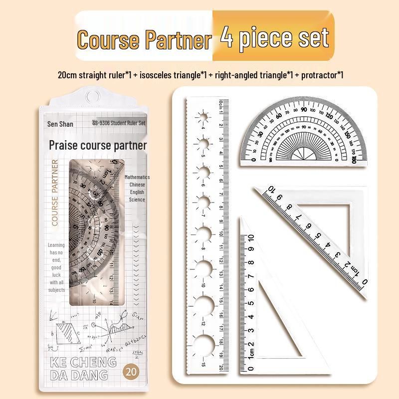 Four-Piece Student Geometry Set: Includes Transparent Set Square, Triangle Ruler (15cm, 20cm), Straight Ruler - Ideal for Exams.