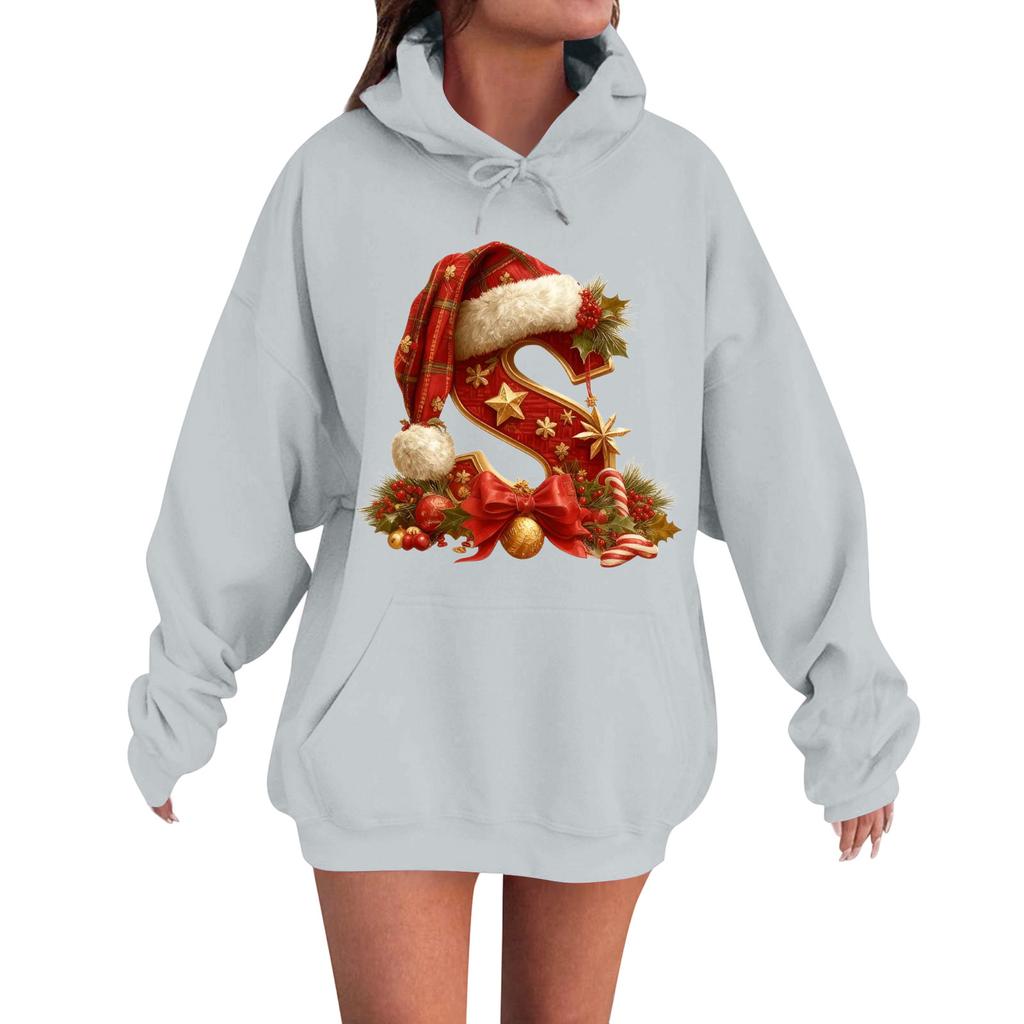 Women's Casual Comfortable Long-Sleeved Christmas Letter-Printed Warm Hooded Crew-Neck Sweatshirt