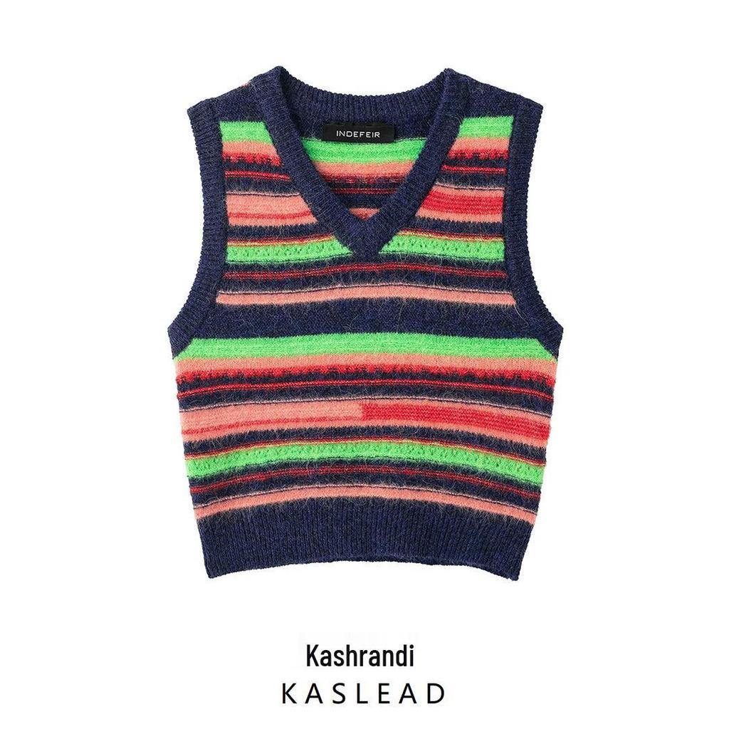 2025 Spring Women's European & American Style Striped V-Neck Sleeveless Knit Vest