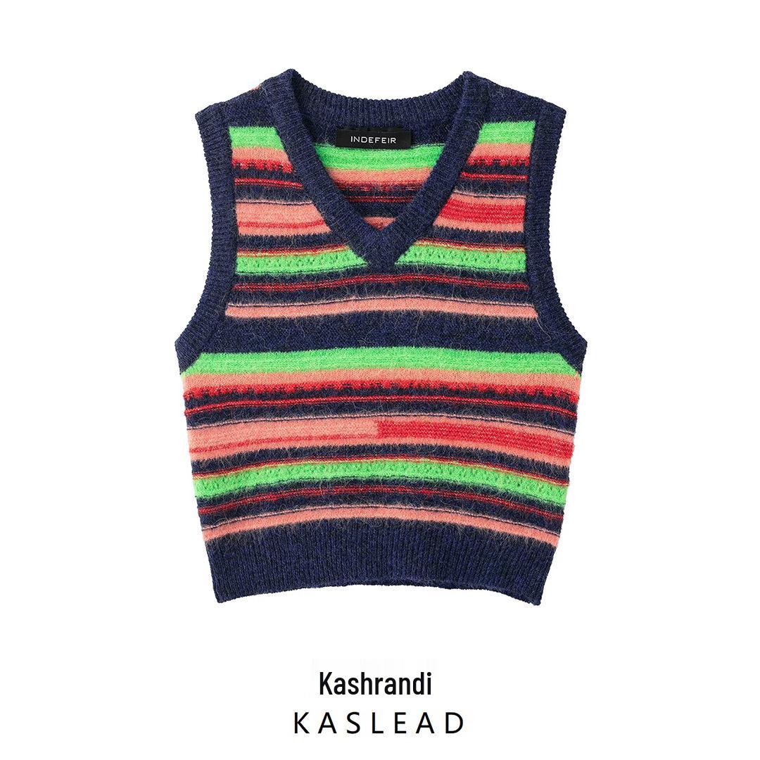 

2025 Spring Women s European & American Style Striped V-Neck Sleeveless Knit Vest Medium