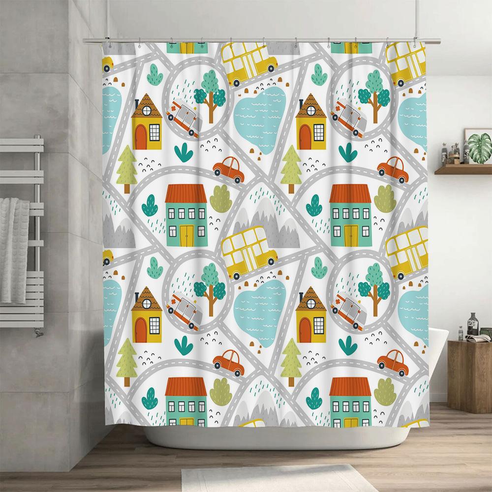 Kids Bathroom Shower Curtain Waterproof Cartoon Cars House Design Decoration Home Decor Watermelon Fruit Blue Green Yellow Orang