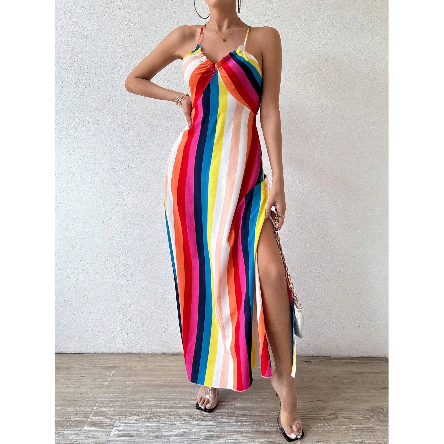 

In Stock 2026 Women s Strappy Spring/Summer Beach Split Maxi Dress - High Waist, Slimming & Printed Fashion M