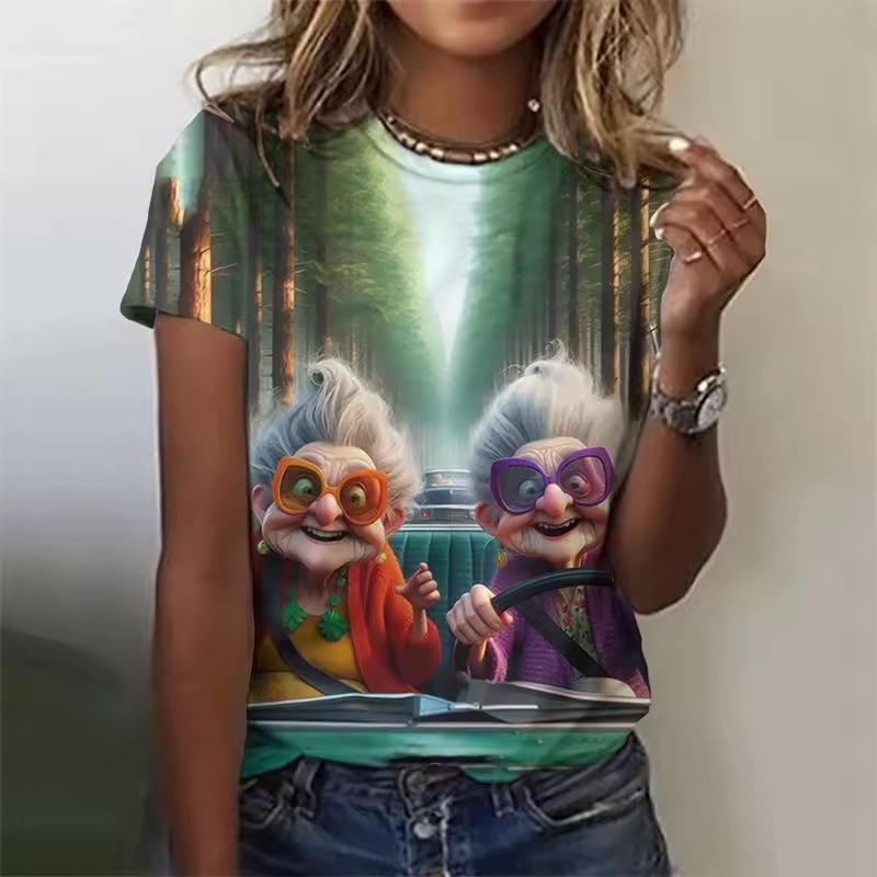 

Летний топ с круглым вырезом и 3D-мультяшным принтом в виде бабушки, модные повседневные женские футболки с короткими рукавами 6XL