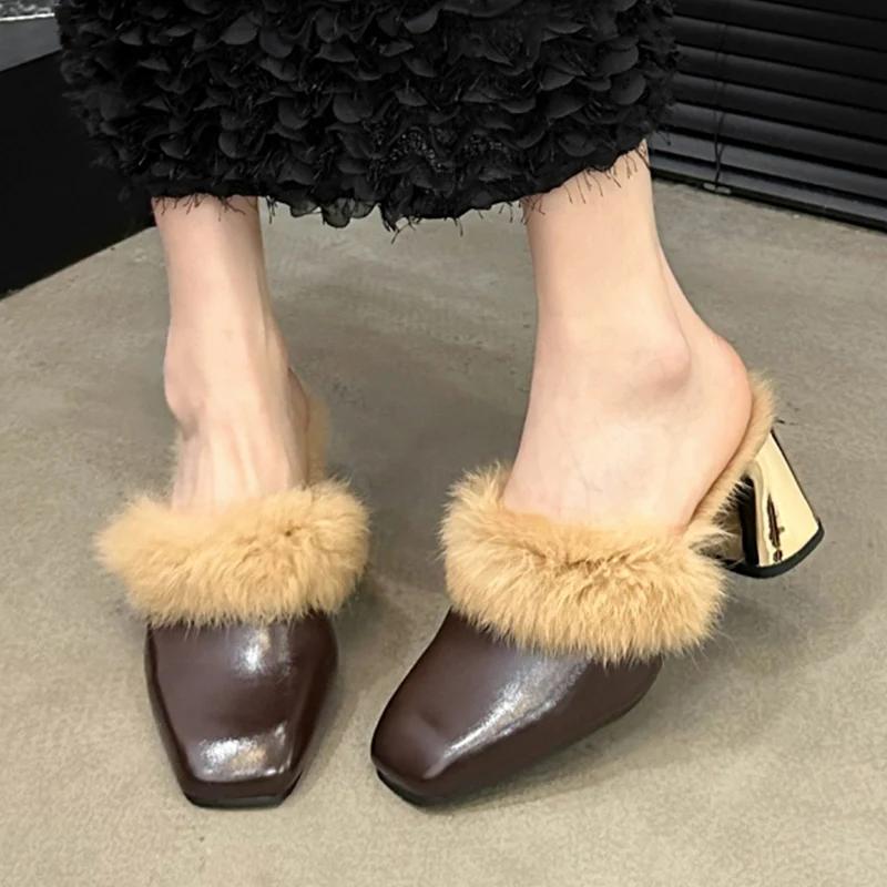 Fur Chunky Women Cotton Slippers Square Toe Short Plush Fad High Heels Mules Shoes 2025 Trend Winter Sexy Pumps Femme Chaussures