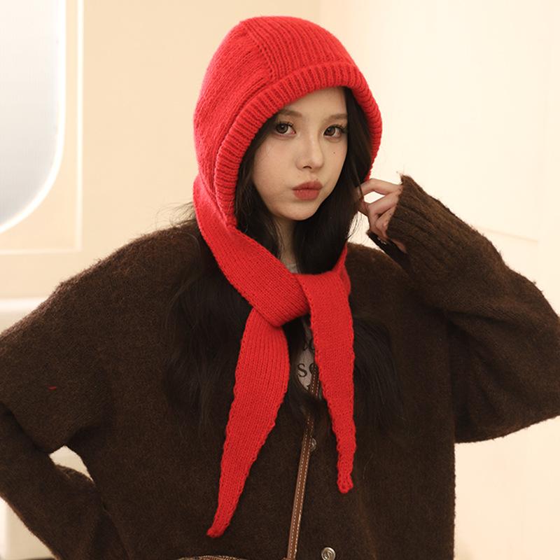 Red Balaclava Hat Women's Autumn and Winter Warm Thickened Knitted Hat Scarf Integrated Ear Protector Wool Hat Tide