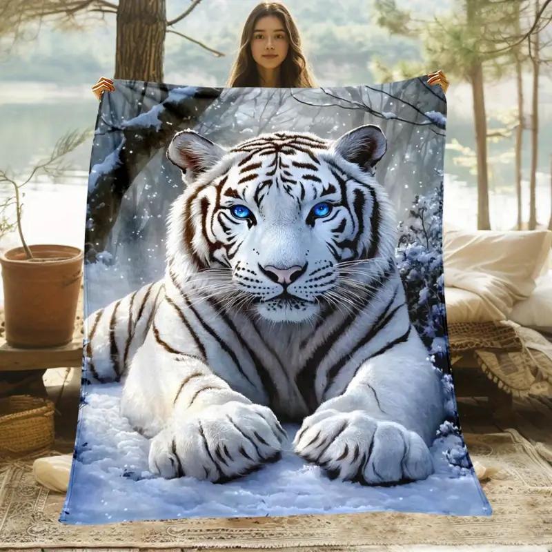 White tiger in the snow pattern flannel blanket, suitable for sofa, bed, office, travel, camping, Christmas gift, decoration