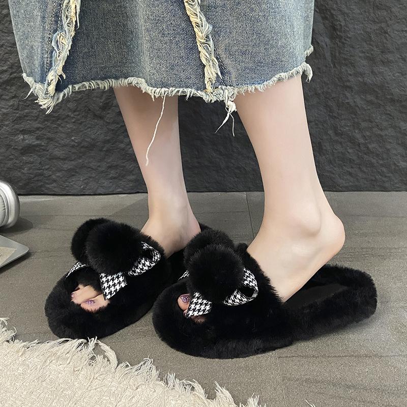 Hairball thick-soled cotton slippers for women's wear new autumn and winter 2025 warm home solid color one-word fluffy slippers