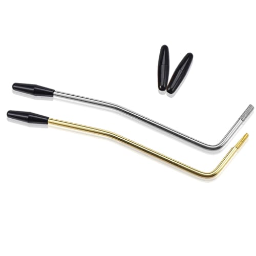 Set of 2 5mm Threaded Tremolo Arms for Stratocaster Electric Guitars, Metric, Silver and Gold, with Black Caps, Stainless Steel, and Black Caps