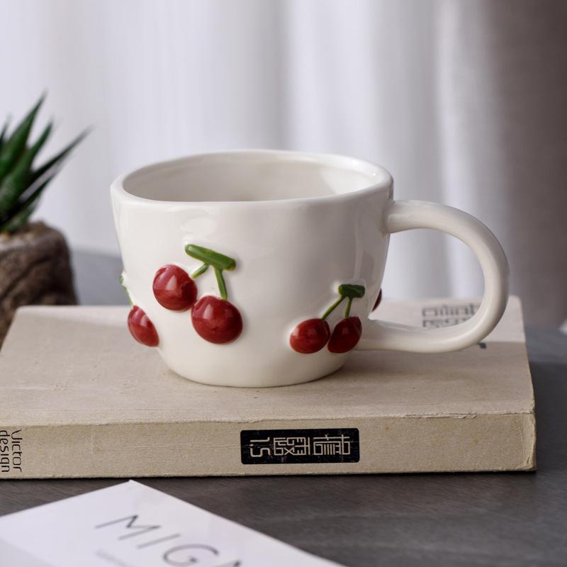 

Cartoon Fruit Cup Ceramic Mugs Engraved Cherry Three-dimensional Fruit Cup Mugs Coffee Cups Breakfast Afternoon Tea 301-400ml