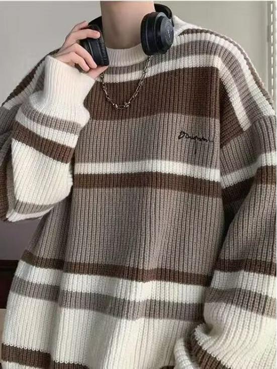 Men's Retro Striped Color-Block Knit Sweater - Casual & Loose Fit for Autumn/Winter