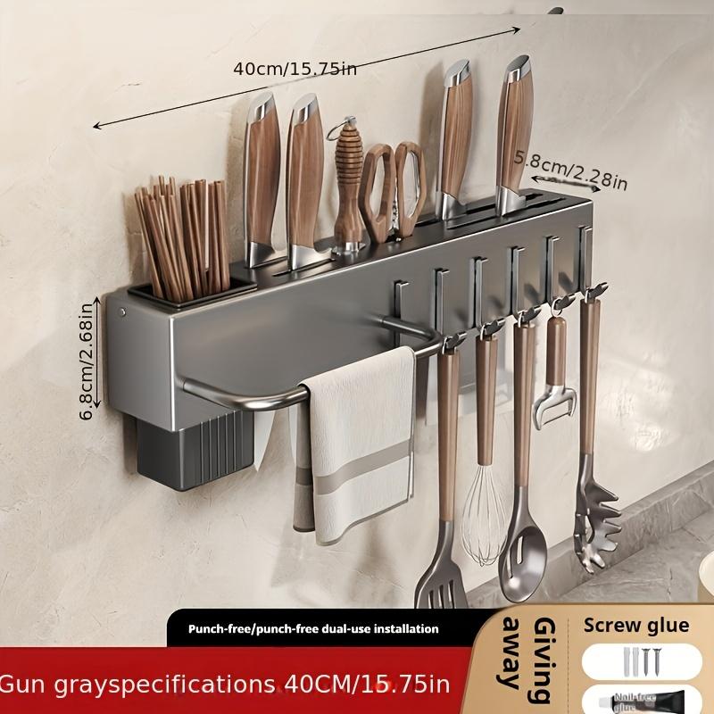 Modern Wall-Mounted Knife Rack with Utensil Holder, Carbon Steel & Plastic Kitchen Organizer, No-Drill Cutlery and Chopping Board Storage Rack