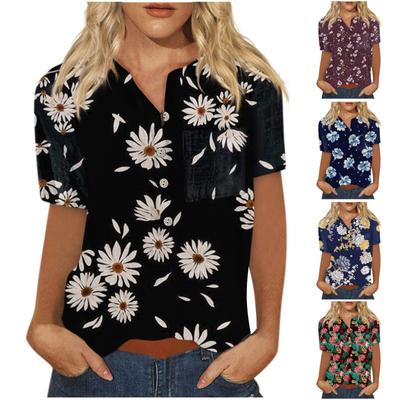 Women's Fashion Printed Pattern Button Down Chest Pocket Short Sleeve Shirt